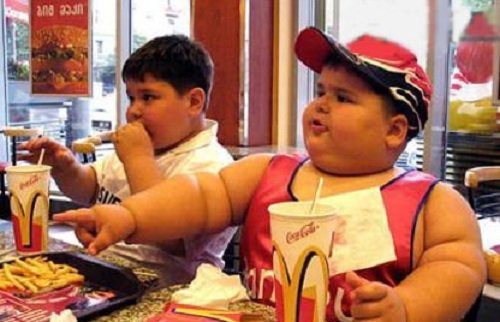 دو کودک چاق در حال خوردن غذای فست فود