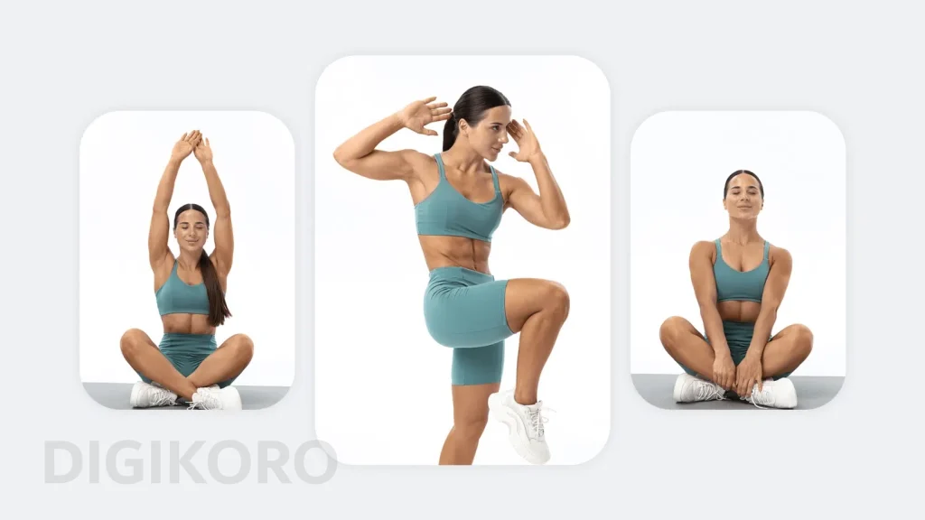 یک زن در سه حالت مختلف در حال ورزش پیلاتس