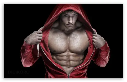 مردی با لباس قرمز و سینه های عضلانی
