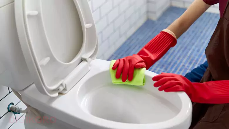 تمیز کردن توالت فرنگی با دستکش