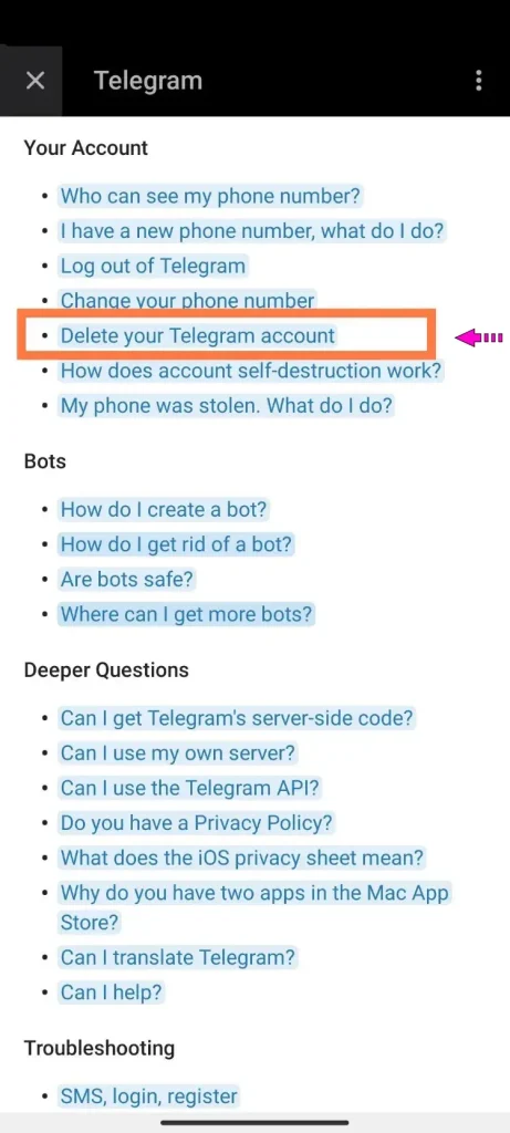 گزینه دیلیت اکانت در قسمت اکانت شما در تلگرام
